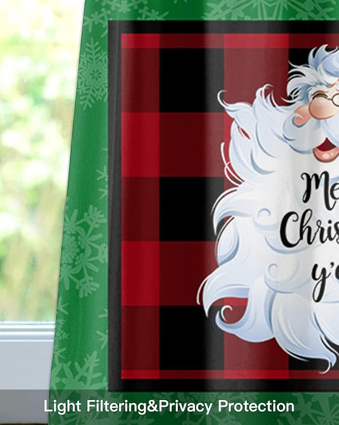 Merry Christmas Y'all Kitchen Curtains Valances for Windows XMAS Santa Claus Rod Pocket Window Treatment for Kitchen/Living Room/Bedroom/Bathroom,60" X 18" -1 Panel, Red Buffalo Plaid
