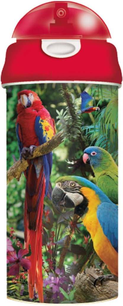 Drinking Bottle - Parrot Pandemonia from Deluxebase. 3D Lenticular Parrot Water Bottle with Straw. 600ml kids drinks bottle with original artwork from renowned artist, David Penfound
