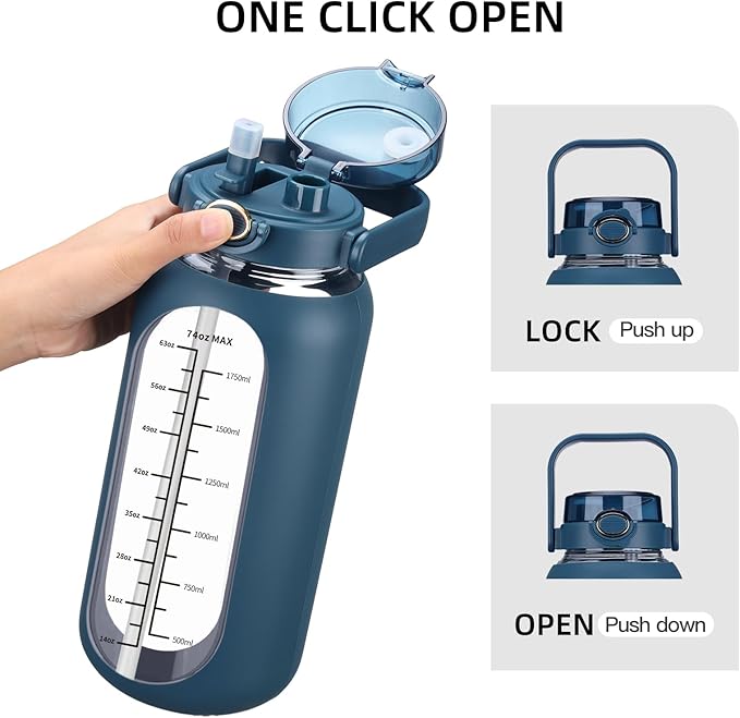 74 oz Glass Water Bolttles with Straw Large Motivational Water Bottle with Time Marker Sports Water Bottles with Silicone Sleeve and Handle Lid 2.2L Water Jug for Gym Workout