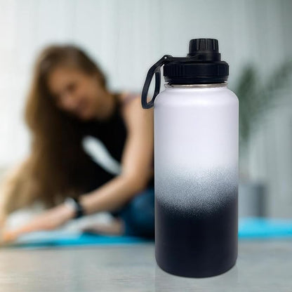 4pack 32 oz Insulated Water Bottle With Straw, Stainless Steel Sports Water Cup Flask with 2 Lids, Wide Mouth Travel Thermal Mug,Black white