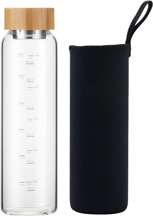 Glass Water Bottle 32 oz Wide Mouth with Sleeve Bamboo Lid Motivational Water Bottle With Time Marker Reusable Safe for Hot Cold Drinks Bpa Free (Black)