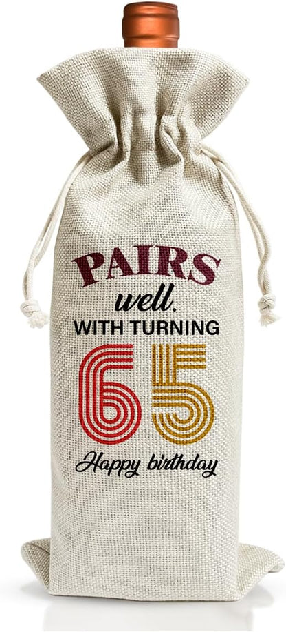 65th Birthday Wine Gift Bag For Mom Dad Women Men Her Him Grandfather Grandmother, 1959 Birthday Gift, 65th Birthday Party Decoration Favors, 65th Anniversary Wine Bag, Linen Wine Bag Gift