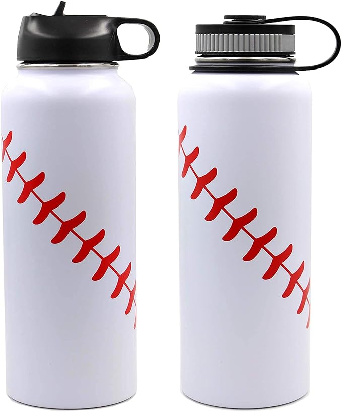 40 oz Baseball Water Bottle, Sports Flask Metal Travel Tumbler with 2 Lids 18/8 Stainless Steel Double Wall Vacuum Insulated Hot/Cold (40oz, White baseball)