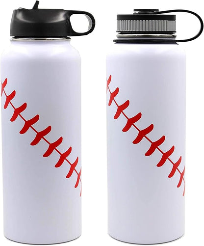 40 oz Baseball Water Bottle, Sports Flask Metal Travel Tumbler with 2 Lids 18/8 Stainless Steel Double Wall Vacuum Insulated Hot/Cold (40oz, White baseball)