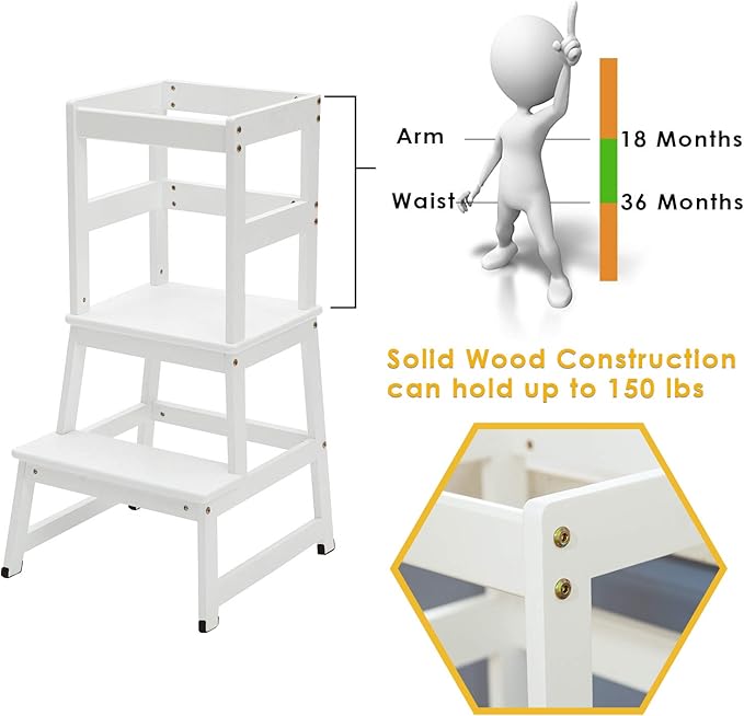 Kitchen Step Stool for Toddlers and Kids with Safety Rails for Kitchen Counter Solid Wood (White)