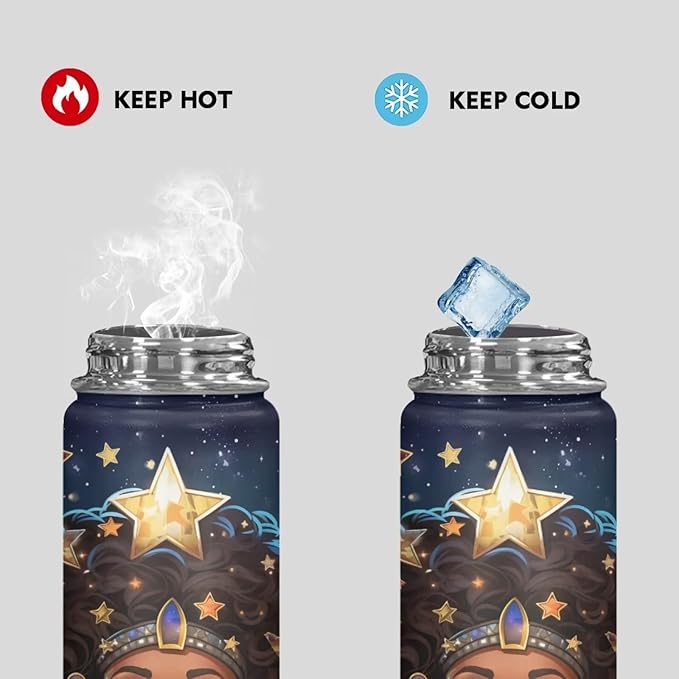 African Princess Insulated Water Bottle 20 oz Stainless Steel Bottle Reusable Wide Mouth African American Girl Water Bottle with Handle Thermal Mug Sports Water American Girl