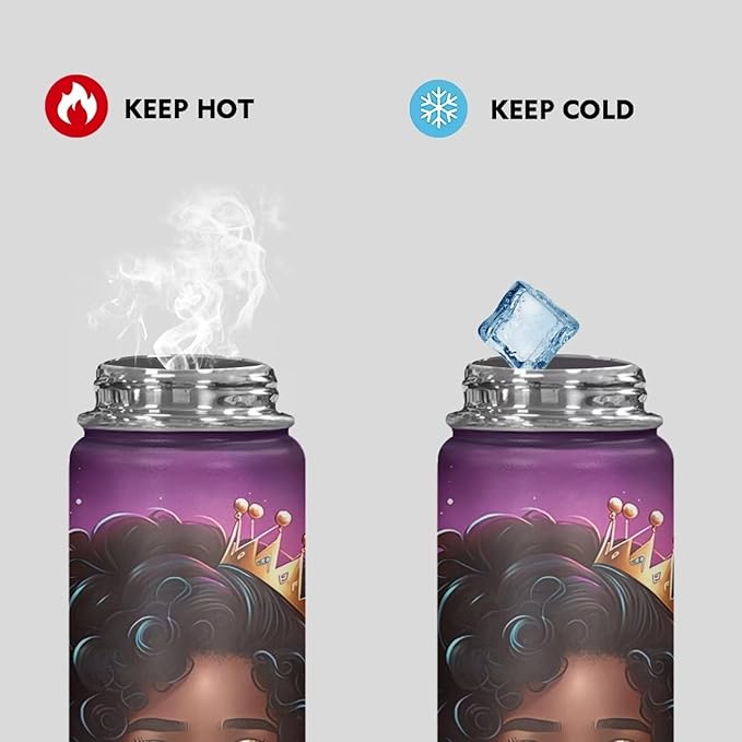 African Insulated Water Bottle 18 oz Stainless Steel Vacuum Flask with Handle Thermal Bottles Keeps Drinks Hot or Cold for Hours Lightweight Water Cup Black Queen American