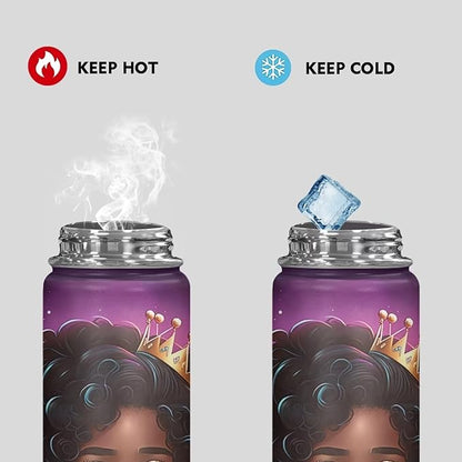 African Insulated Water Bottle 18 oz Stainless Steel Vacuum Flask with Handle Thermal Bottles Keeps Drinks Hot or Cold for Hours Lightweight Water Cup Black Queen American