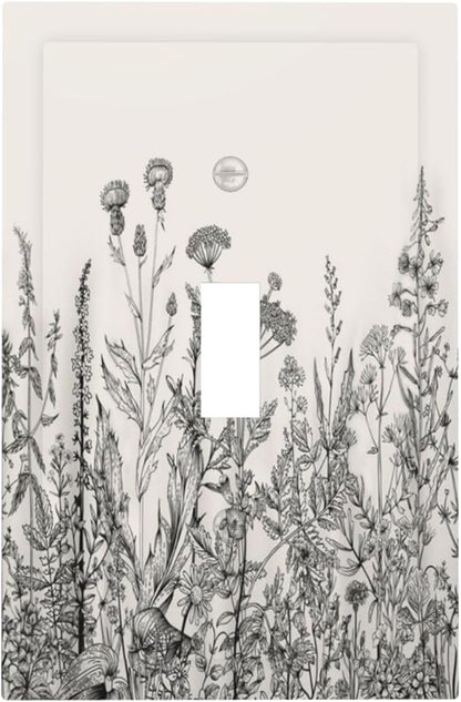 Vintage Grey Floral Herbs Wild Flowers Botanical 1 Gang Boho Light Switch Covers Decorative Country Single Toggle Wall Plate Switchcover Electrical Switchplate for Bedroom Decor