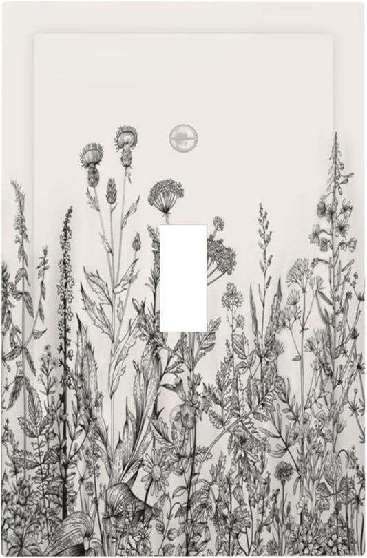 Vintage Grey Floral Herbs Wild Flowers Botanical 1 Gang Boho Light Switch Covers Decorative Country Single Toggle Wall Plate Switchcover Electrical Switchplate for Bedroom Decor