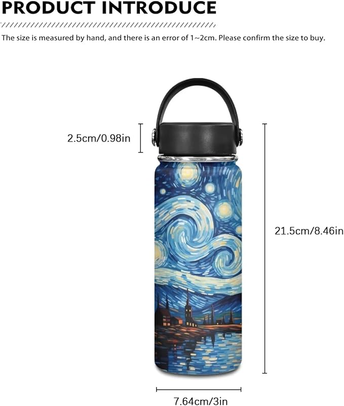 Starry Night Insulated Water Bottle for Hot Drink Wide Mouth Water Jug for Fitness, Gym and Outdoor Sports, Leak-proof,18 Oz