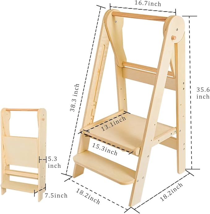 Kids Step Stool, Toddler Learning Tower, Easy Folding, Safety Rail with Lock, 3-Level Height Adjustable