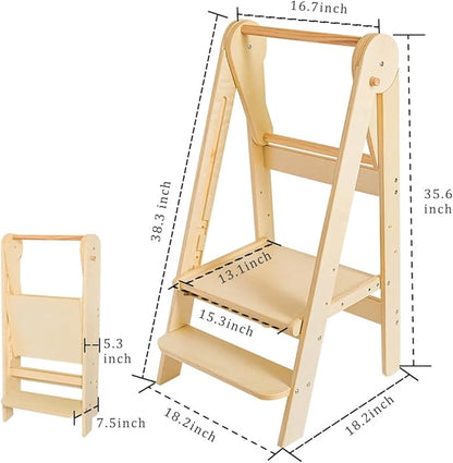 Kids Step Stool, Toddler Learning Tower, Easy Folding, Safety Rail with Lock, 3-Level Height Adjustable