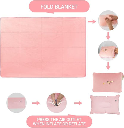 3 in 1 Travel Pillow and Blanket Set, Premium Soft 300 GSM Thick Airplane Blanket Compact with Bag for Long Trips Essentials, Hand Luggage Sleeve and Backpack Clip (Pink)