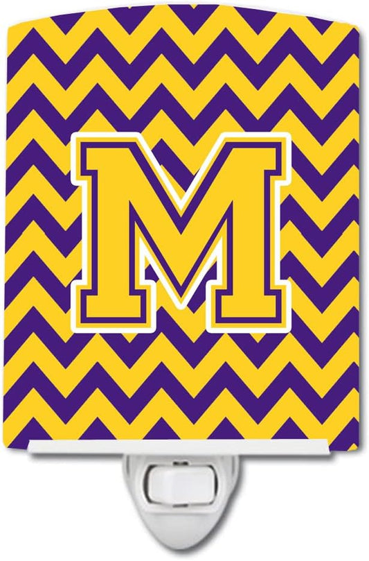 Caroline's Treasures CJ1041-MCNL Letter M Chevron Purple and Gold Ceramic Night Light Compact, UL-Certified, Ideal for Bedroom, Bathroom, Nursery, Hallway, Kitchen, 6x4x3, Multicolor