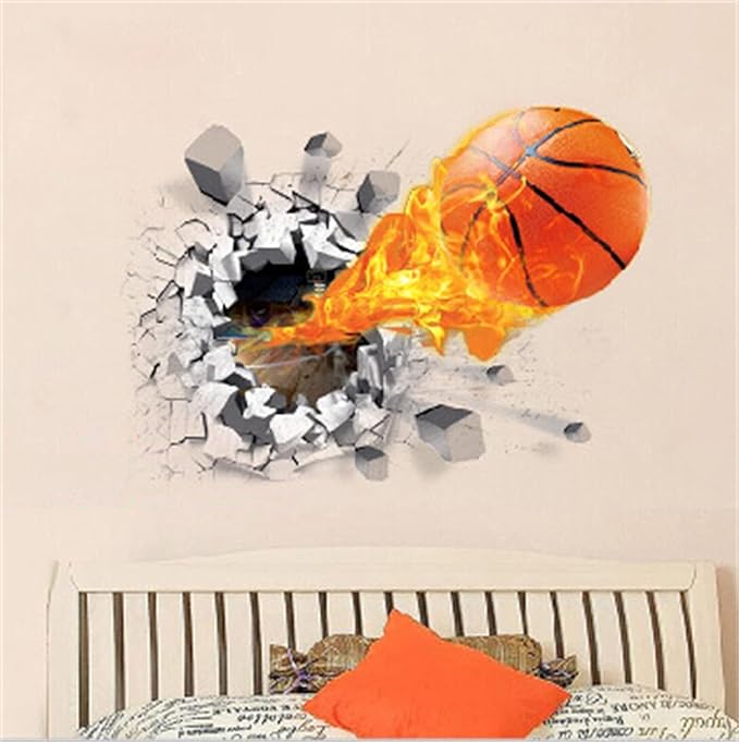 3D Fire Car Wall Sticker Decal Crack Hole fire Car Wall Art Decal Removable Broken Smashed Car Decoration Mural for Boys Bedroom Baby Kids Nursery Room (3D Fire Basketball)