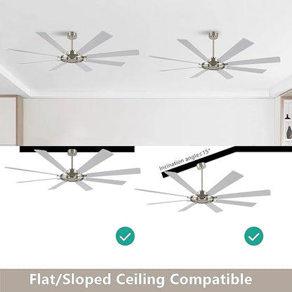 80 Inch Ceiling Fan Without Lights, Wood 8 Blades 6-Speed Noiseless Reversible DC Motor, Modern Large Ceiling Fan with Remote Control for Bedroom Dining Living Room, Nickel Finish+Silver