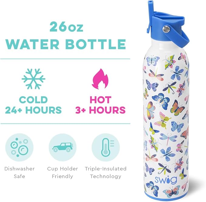 Swig Life 26oz Insulated Water Bottle with Straw & Flip + Sip Handle | Leak Proof, Dishwasher Safe, Cup Holder Friendly, Stainless Steel Water Bottle (Butterfly Bliss)