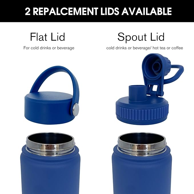 22oz Insulated Water Bottle ，Stainless Steel Sports Water Cup Flask with 2 Lids, Wide Mouth Travel Thermal Mug,Outdoor Sports Bottle（Dark Blue）