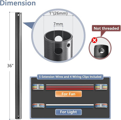 36" Ceiling Fan Downrod, 【1 Outside Diameter】 Black Extended Downrod, including 4 Wire Connectors and 5 Extension Wires (No Threads)