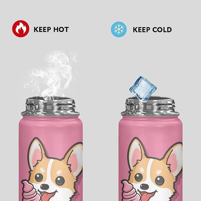 Corgi Insulated Water Bottle for Kids 20 Oz Vacuum Stainless Steel Water Bottle Reusable Travel Cup Gym Sports Wide Mouth Water Bottle