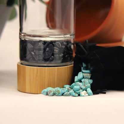 Crystal Water Bottle with a Loose-Leaf Tea or Fruit Infuser, Safe for Hot and Cold Drinks, Eco-friendly & Plus BONUS Protective Sleeve & Extra Set of Crystals (Obsidian & Turquoise)