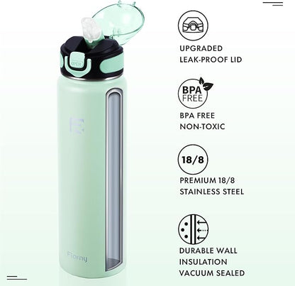 32 oz Insulated Water Bottle with Straw, Stainless Steel Metal Thermos Bottles, Durable Non-Slip Gradient Bottle with Strap for Sports and Travel, Leak Proof (Mint Matte)