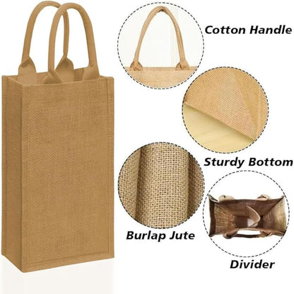 2Pack Jute Burlap Double Bottle Wine Tote Bags with Soft Cotton Handles Reusable for Wedding, Parties,Birthdays