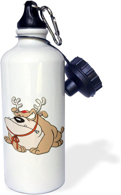 3dRose "English Bulldog With Reindeer Horns" Sports Water Bottle, 21 oz, White