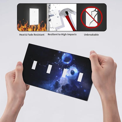 Cute Baby Panda Light Switch Cover Wall Plate Decorative 4 Gang Quad Toggle Covers Blue for Bathrooms Farmhouses Living Room Kitchens 4.5 x 8 in