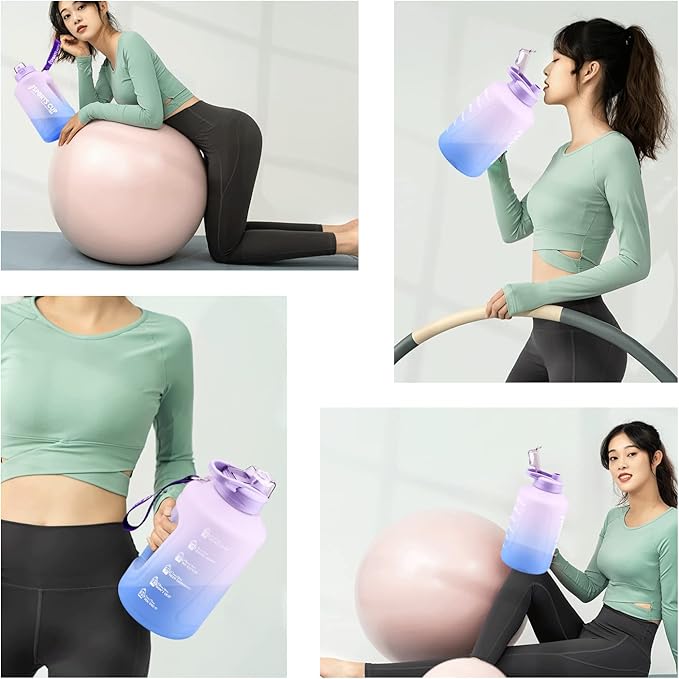 Water Bottle with Time Marker, 78OZ/Half Gallon Leak-proof Water Jug, Large Portable Water Bottles with Handle, BPA Free Fitness Water Jug for Gym, Outdoor, Sport (Purple)