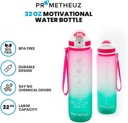 Prometheuz 32oz Water Bottle with Straw, Motivational Water Bottle with Time Marker, Water Bottles Leakproof & BPA-Free for Sports, Work and Fitness Pink Mint