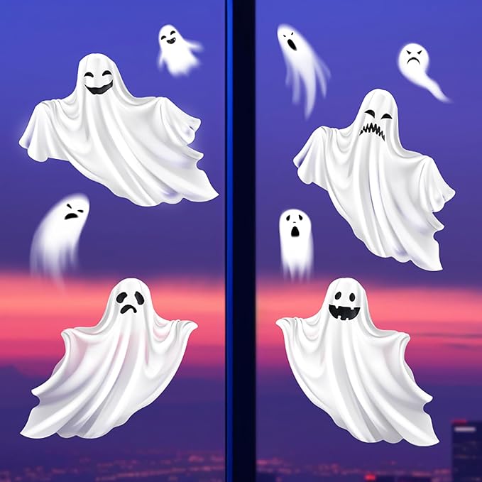 Halloween White Ghost Window Clings Stickers Decoration Horror Ghost Design Halloween Window Cling Decal Double Sided Static Halloween Window Stickers for Halloween Party Supplies Glass Decor