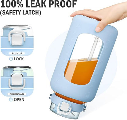 84oz Glass Water Bottle with Stainless Steel Handle,2.5L Gallon Water Bottle With 2-IN-1 Straw Lid, Silicone Sleeve and Motivational Capacity Marker, Wide Mouth Water Jug For Gym, Workout, Blue