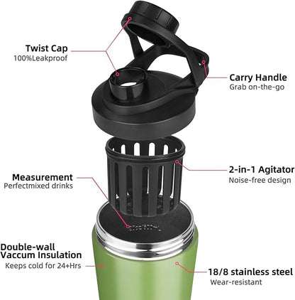 24 oz Shaker Bottle,Stainless Steel Shaker Bottle with Noise-Free Design,Insulated Metal Shakers Bottles Cup for Protein Mixes and Pre Workout,Gym Shaker Bottle(Green)