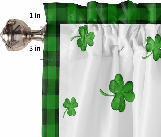 Gnome St. Patrick's Day Kitchen Curtains and Valances Set, Buffalo Plaid Shamrock Window Tiers Seasonal Spring Holiday Half/Short Curtains for Small Windows Cafe /Living Room/ Bedroom 54x 36 in
