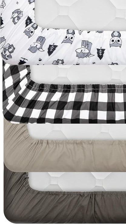 4 Pack Woodland Forest Animals Wood Neutral Unisex Fitted Baby Crib Sheets Set for Baby Boys or Girls Black and White