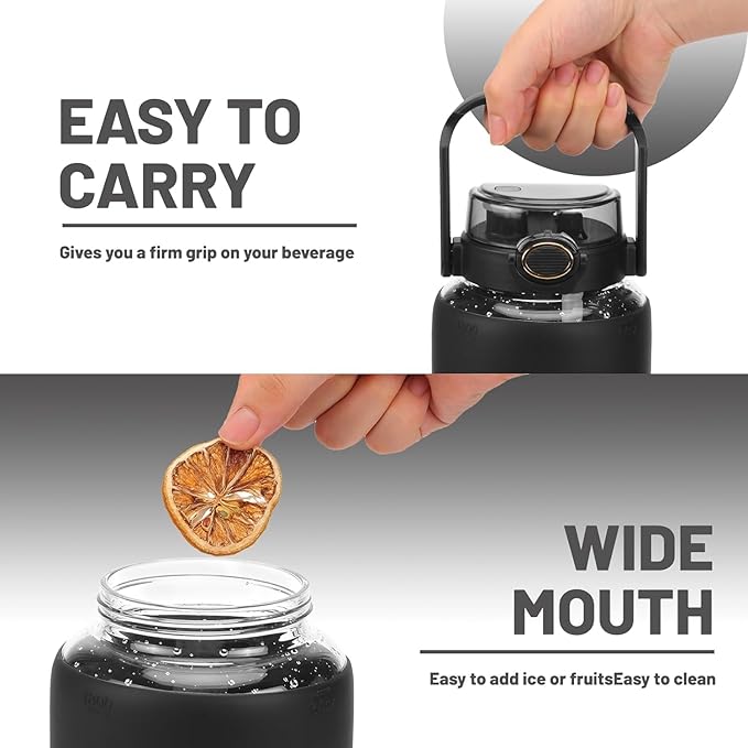 64oz Glass Water Bolttles with Straw，Motivational Half Gallon Water Bottle with Time Marker & Silicone Sleeve, Leakproof & BPA Free Reusable Clear Glass Water Jug for Gym Workout (Green)