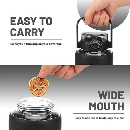 64oz Glass Water Bolttles with Straw，Motivational Half Gallon Water Bottle with Time Marker & Silicone Sleeve, Leakproof & BPA Free Reusable Clear Glass Water Jug for Gym Workout (Green)