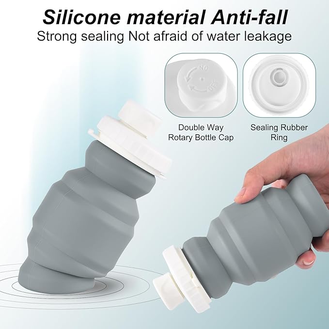 THAIOXYH® Collapsible Water Bottles 11 oz（320ml） Reuseable Foldable Portable BPA Free Silicone Collapsible Water Bottles for Traveling Hiking Camping Sports (grey)…