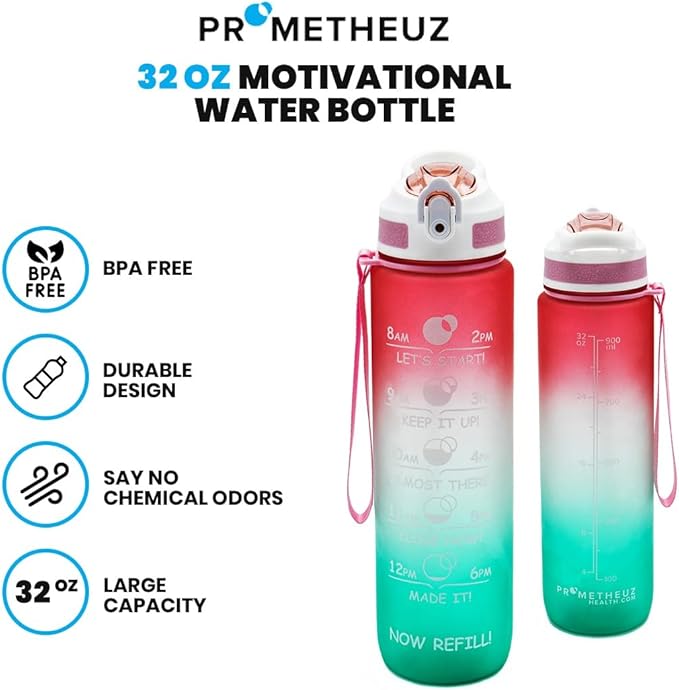 Prometheuz 32oz Water Bottle with Straw, Motivational Water Bottle with Time Marker, Water Bottles Leakproof & BPA-Free for Sports, Work and Fitness Rose Mint