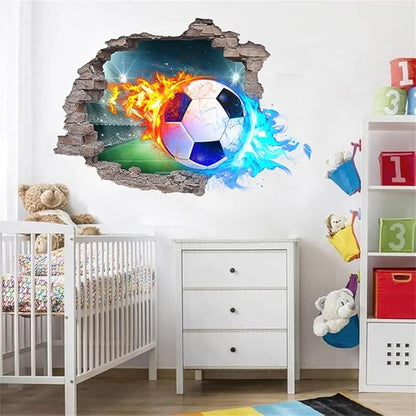 3D Soccer Wall Stickers Removable Soccer Wall Decals for Boys Break Through The Wall Vinyl Football Soccer Wall Stickers Murals Vinyls Decals for Teenager Room Playroom Decor (T0206)