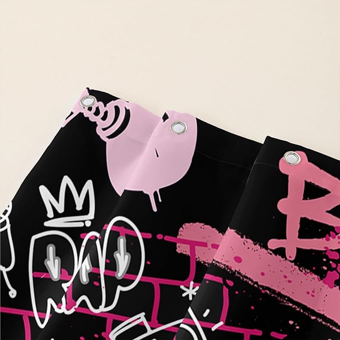 AILONEN Black Pink Graffiti Shower Curtains for Teens Girls,Hip-Hop Music Bath Shower for Bathroom,Polyester Waterproof with 12 Hooks,36" W*72" H Black Pink