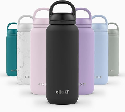 Ello Cooper Twist 32oz Stainless Steel Water Bottle with Chug Lid | Leak Proof | Double Walled and Vacuum Insulated | Built in Carry Loop | Dishwasher Safe | Black