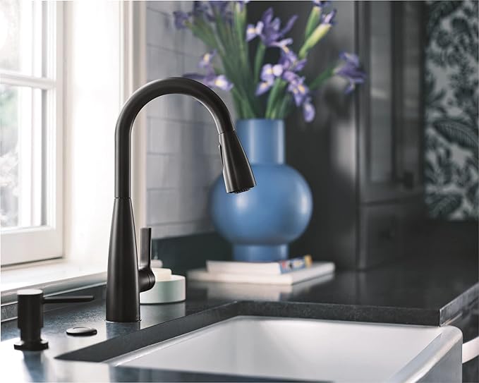 Moen Haelyn Matte Black Single-Handle Pull-Down Sprayer Kitchen Faucet Featuring Power Boost for a Faster Clean, Soap Dispenser Included, 87627BL
