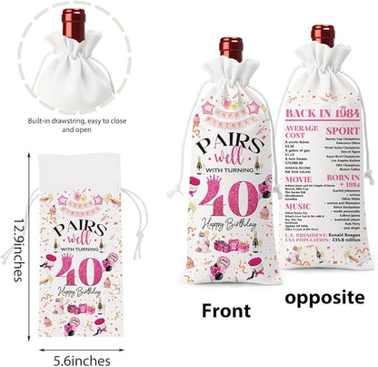 40th Birthday Gifts Women Men Wine Bag, 40 Year Old Birthday Gifts for Women Men, Happy 40th Birthday Party Decorations Woman Man, Pairs Well with Turning 40 Wine Bags (White Pink)