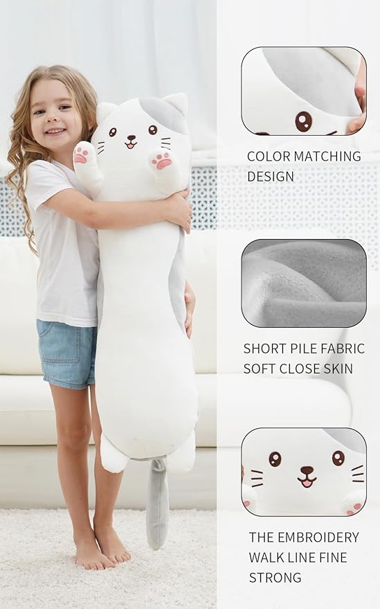 35.4" Cat Stuffed Animal, Soft Long Pillow Doll Cute Cartoon Kitten Plush Hugging Pillow Plushies Toy Gift for Kids, Girls,Birthday,Valentine,Easter