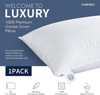 100% Canadian White Down Pillow - Luxury Sleeping Pillow for Back, Stomach & Side Sleepers - 800 Fill Power Bed Pillow (Queen-Soft)