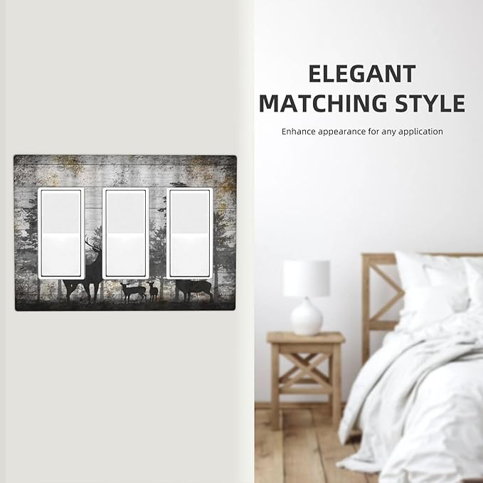 Rustic Deer Forest Vintage Wood Board 3 Gang Rocker Boho Light Switch Covers Decorative Country Unique Triple Outlet Wall Plate Cover Faceplate Decorative Switchplate GFCI for Farmhouse