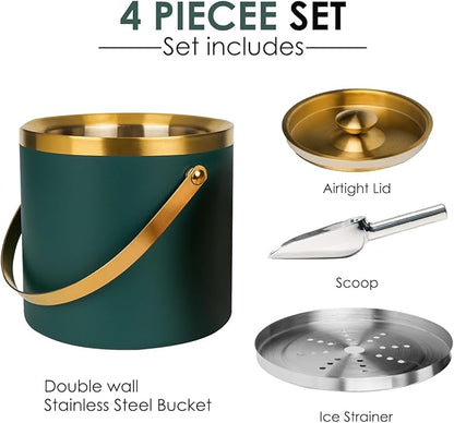 3L Double-Wall Insulated Stainless Steel Ice Bucket with scoop for Cocktail Bar - Metal Ice Bucket for freezer with Lid for parties,Camping,and More!champagne bucket,bar cart accessories